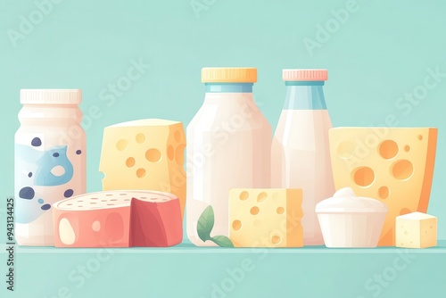 Variety of dairy products on display: cheese, milk, yogurt, and bottled drinks