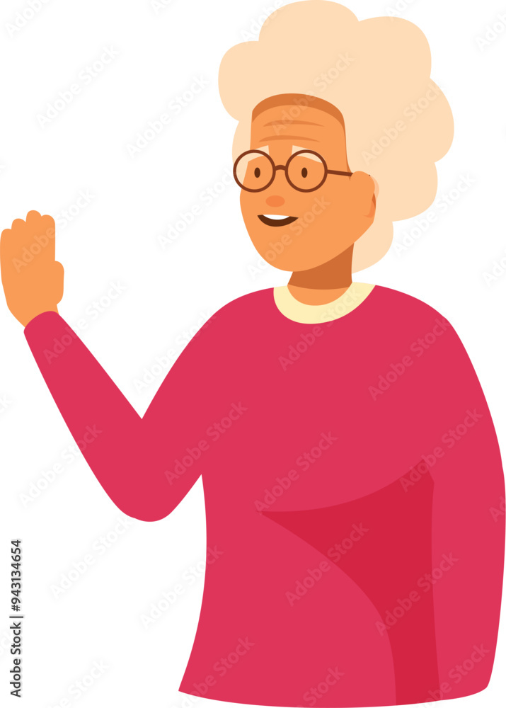 Happy mature woman with glasses and gray hair waving her hand in greeting Happy mature woman with glasses and gray hair waving her hand in greeting