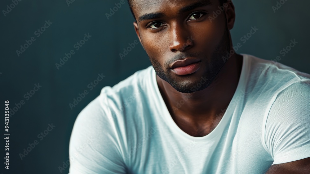 hyper realistic photograph of a handsome african american man in a white t-shirt looking directly at the camera. hyper realistic photograph of a handsome african american man in a white t-shirt looking directly at the camera.
