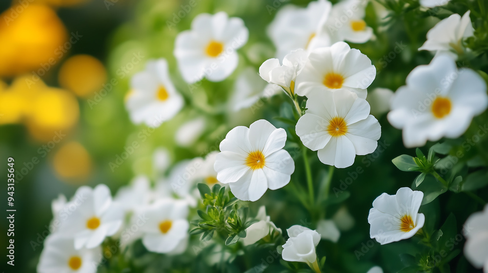 Fototapeta premium White miniature coastal petunias in full bloom, close up shot, blurred background of a garden setting. High resolution photo with a bokeh effect