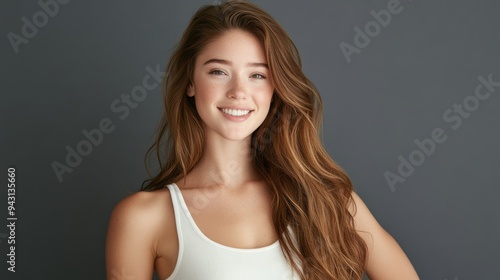 A teenage woman in a simple white gala dress poses relaxedly, smiling at the camera with her long, slightly curled hair in front of a gray studio background.