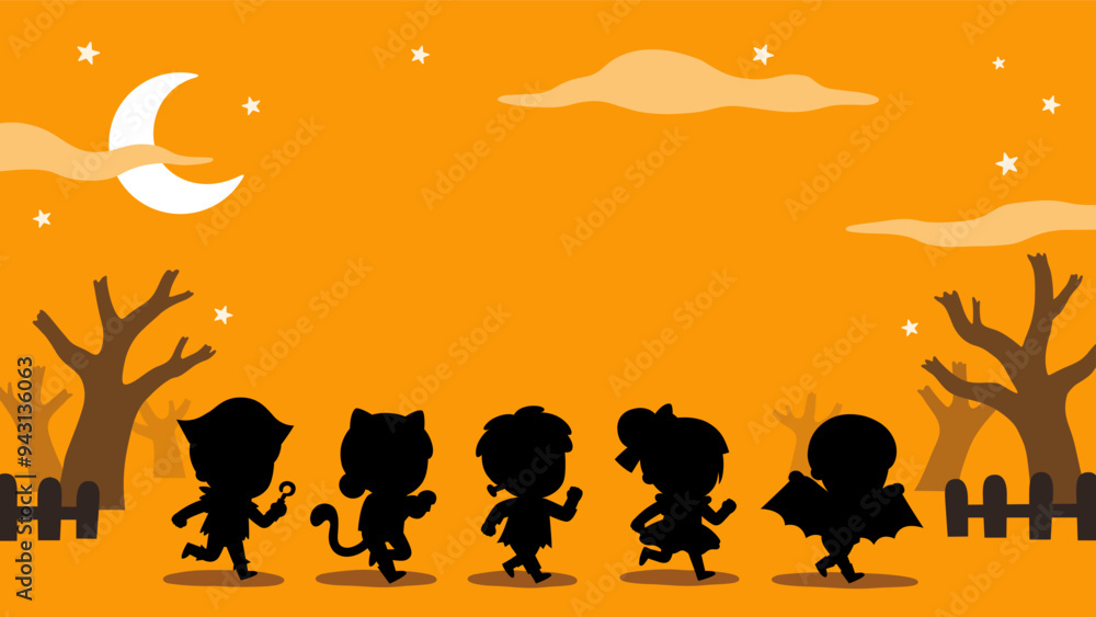 Silhouette of Children dressed in Halloween costumes to go Trick or Treating. Halloween costume kids in spooky holiday. Template for advertising brochure.