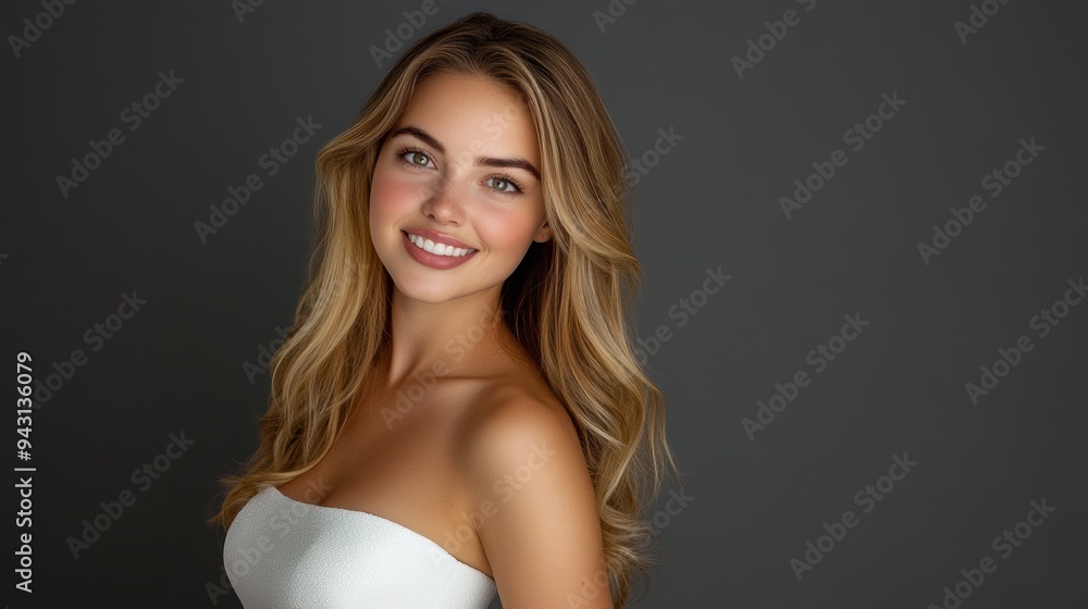 A teenage woman in a simple white gala dress poses relaxedly, smiling at the camera with her long, slightly curled hair in front of a gray studio background. A teenage woman in a simple white gala dress poses relaxedly, smiling at the camera with her long, slightly curled hair in front of a gray studio background.