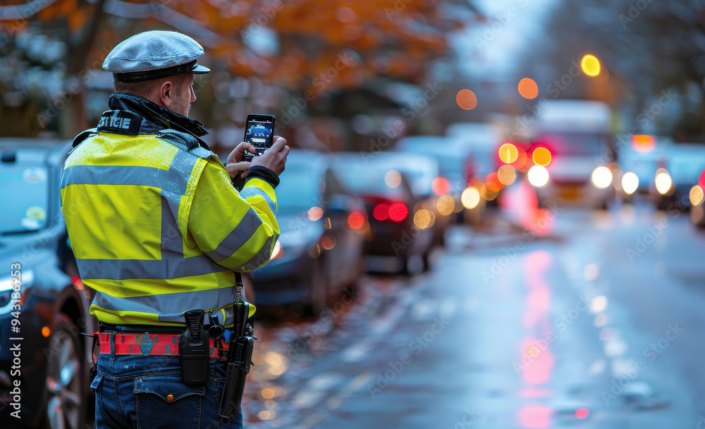 British traffic police officer conducts driving test and records activity in busy street with parked cars British traffic police officer conducts driving test and records activity in busy street with parked cars