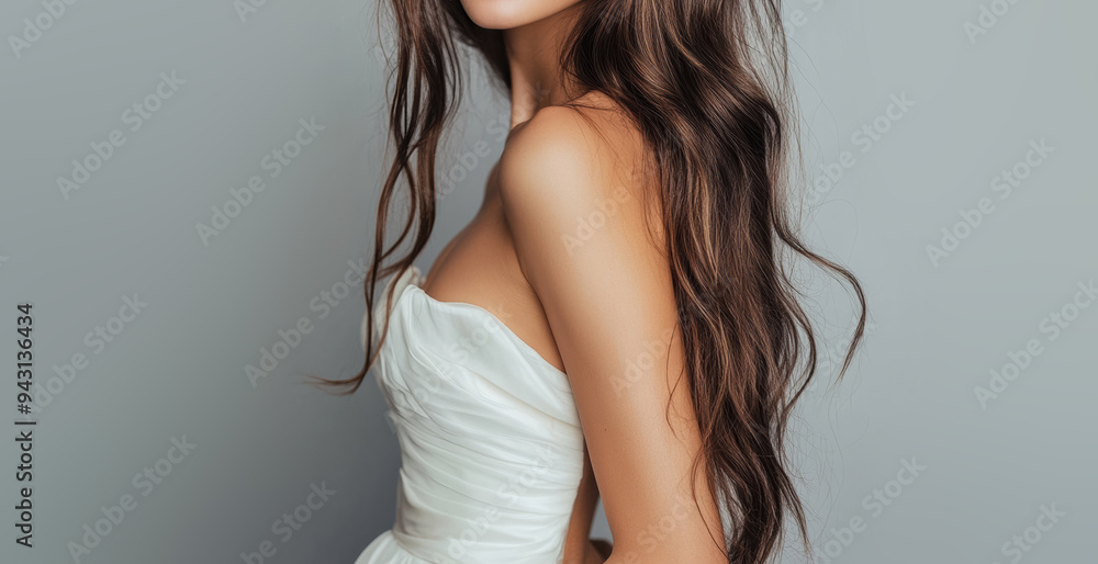 Naklejka premium A teenage woman in a simple white gala dress poses relaxedly, smiling at the camera with her long, slightly curled hair in front of a gray studio background.