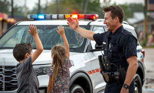 American police officer shares a joyful moment with children outside school near his patrol vehicle