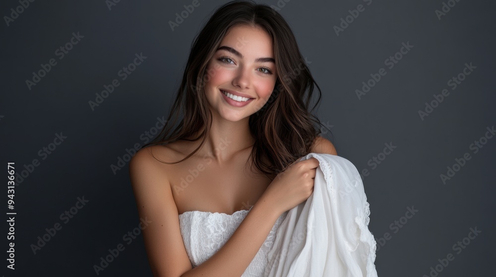 A teenage woman in a simple white gala dress poses relaxedly, smiling at the camera with her long, slightly curled hair in front of a gray studio background. A teenage woman in a simple white gala dress poses relaxedly, smiling at the camera with her long, slightly curled hair in front of a gray studio background.