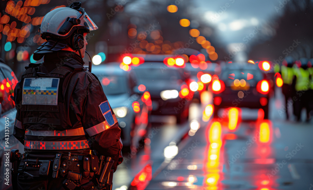 English policeman conducts breath tests on vehicles during nighttime traffic stop in urban area English policeman conducts breath tests on vehicles during nighttime traffic stop in urban area