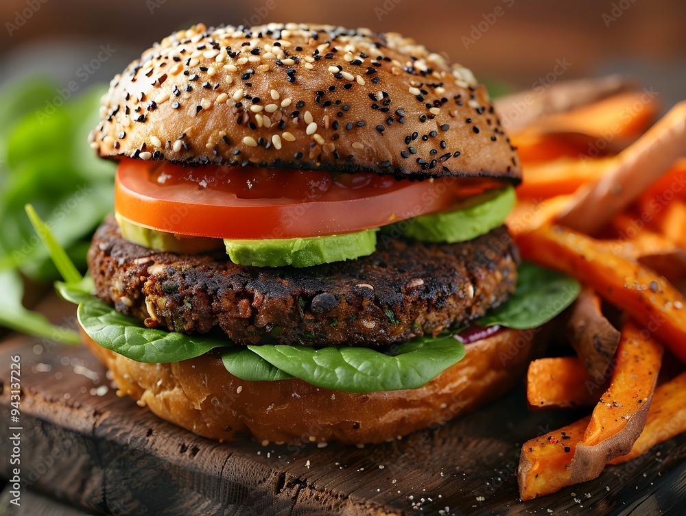 Vegan Burger with Black Bean Patty Avocado Tomato and Spinach on Whole Grain Bun with Sweet Potato Fries Healthy and Delicious Plant Based Meal Vegan Burger with Black Bean Patty Avocado Tomato and Spinach on Whole Grain Bun with Sweet Potato Fries Healthy and Delicious Plant Based Meal