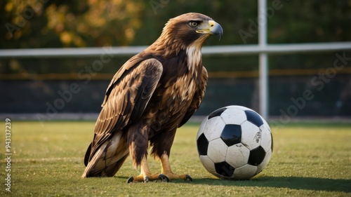  Golden eagle perched on soccer ball, soccer pitch