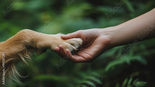 Tender Moment Between Human Hand and Dog Paw Outdoors