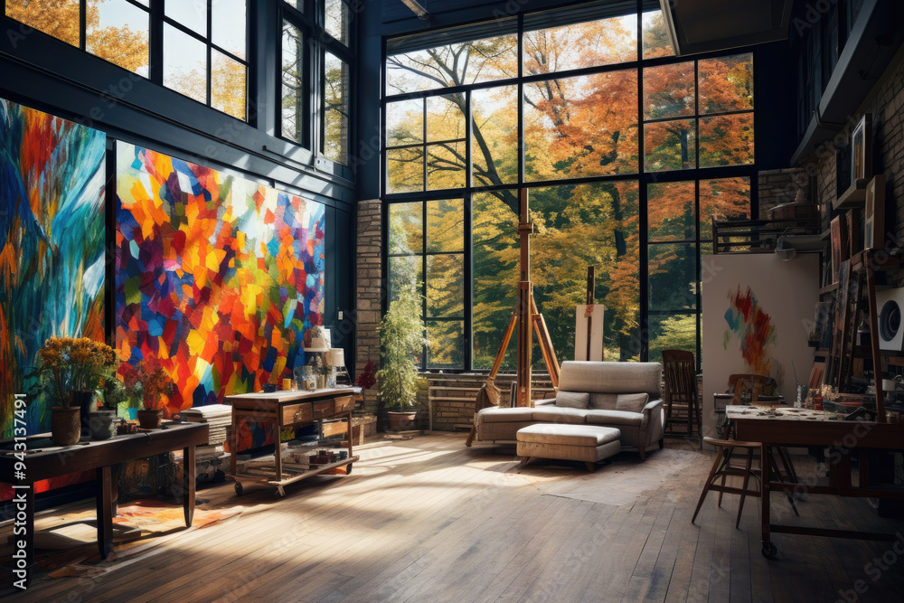 Obraz premium A contemporary artist's studio with large canvases, a variety of paints, and natural light