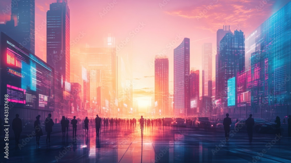 Fototapeta premium Figures in the city square at sunset