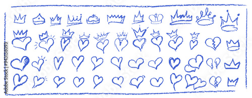 Set of children hand drawn crayon hearts and crowns. Collection of blue color pastel symbol of love and monarch status. Vector charcoal doodle shapes and squiggles in childish girly style