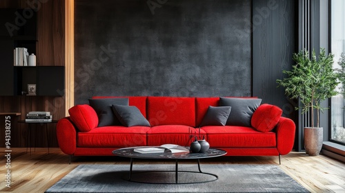 A red couch sits in front of a black wall