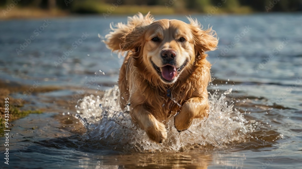 Golden retriever dog running in water on sunny day Golden retriever dog running in water on sunny day