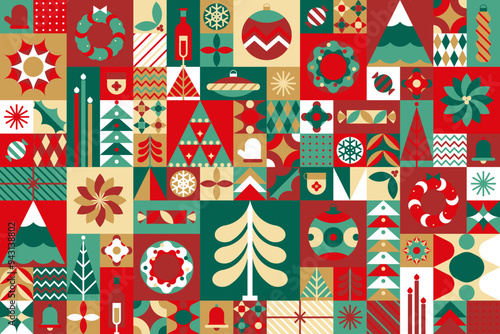 Scandinavian style Christmas seamless pattern. A postcard for the New Year's Eve holiday. Snowflakes, ornaments and Christmas trees. Retro clean conceptual design. Vector illustration