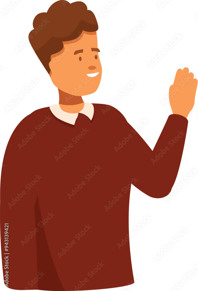 Young man is waving his hand and smiling happily Young man is waving his hand and smiling happily