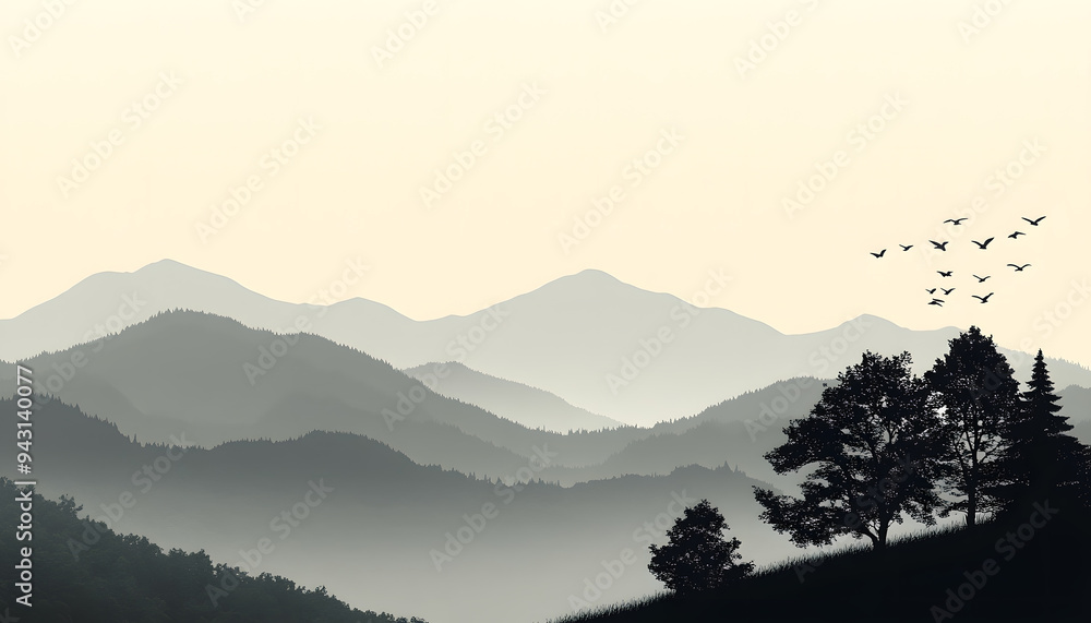Silhouettes of trees, mountains, or birds in a single color against a plain background Silhouettes of trees, mountains, or birds in a single color against a plain background