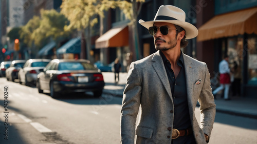 Confident Man in Light Gray Suit and Fedora Walking Through Busy Urban Street