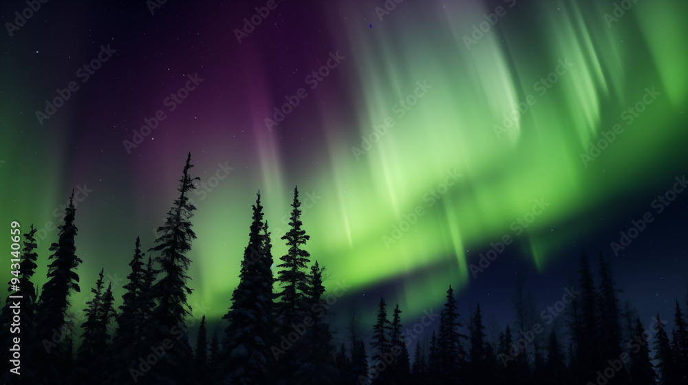 Aurora Borealis Over Snow-Covered Forest With Trees Silhouetted Against Vibrant Night Sky Aurora Borealis Over Snow-Covered Forest With Trees Silhouetted Against Vibrant Night Sky