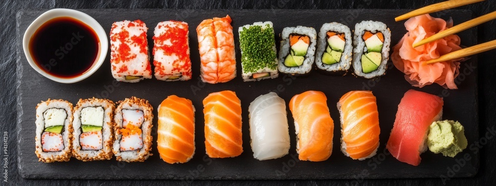 Assortment of Sushi Rolls on a Black Slate Platter. Assortment of Sushi Rolls on a Black Slate Platter.