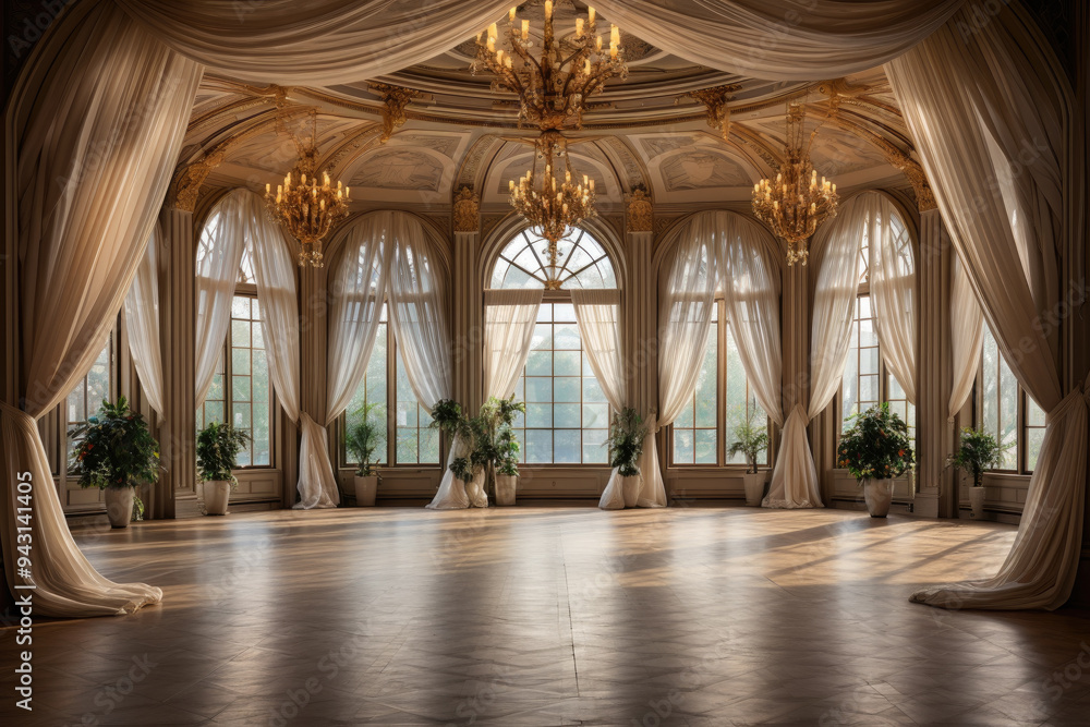 Obraz premium A hotel ballroom with elegant drapery, crystal chandeliers, and a dance floor