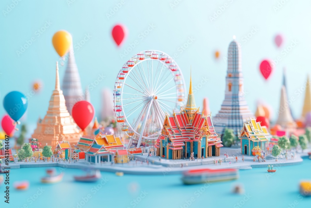 3D rendering of a miniature Bangkok in Thailand, featuring a Ferris wheel, temple. 3D rendering of a miniature Bangkok in Thailand, featuring a Ferris wheel, temple.