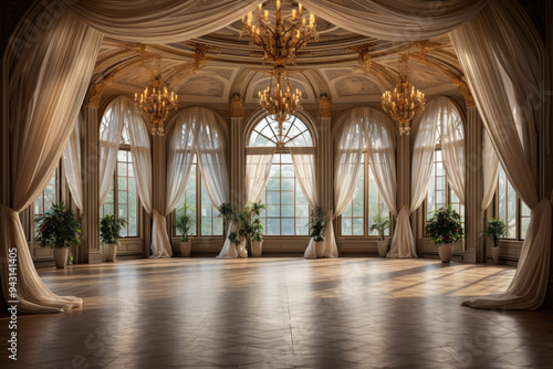 A hotel ballroom with elegant drapery  crystal chandeliers  and a dance floor