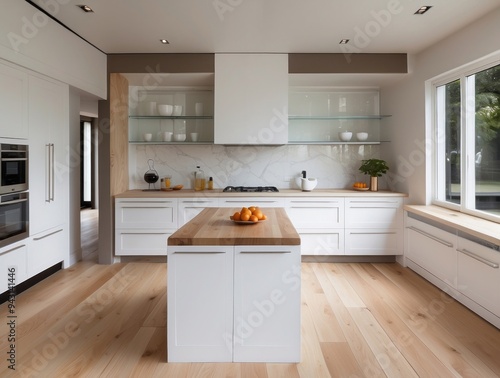 Modern White Kitchen with Island and Wooden Floor