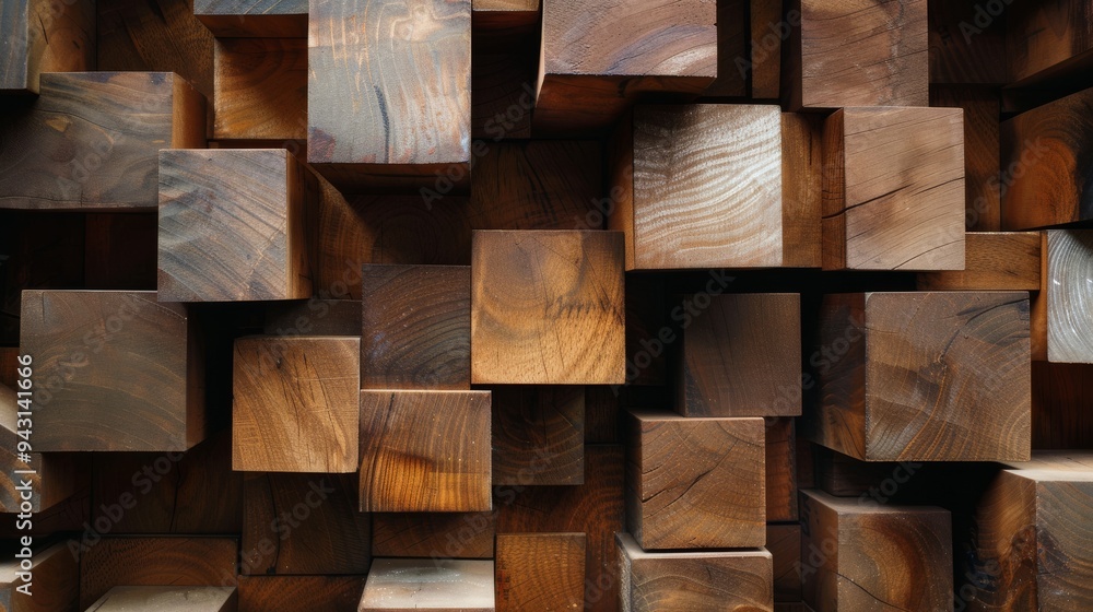 An abstract composition of wooden cubes arranged in various depths, creating a visually interesting texture that plays with light and shadow. An abstract composition of wooden cubes arranged in various depths, creating a visually interesting texture that plays with light and shadow.