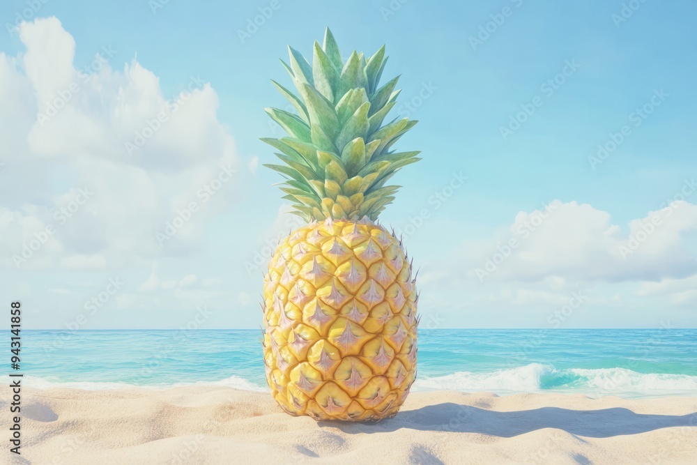 pineapple on the beach with a view of the blue sky with clouds pineapple on the beach with a view of the blue sky with clouds