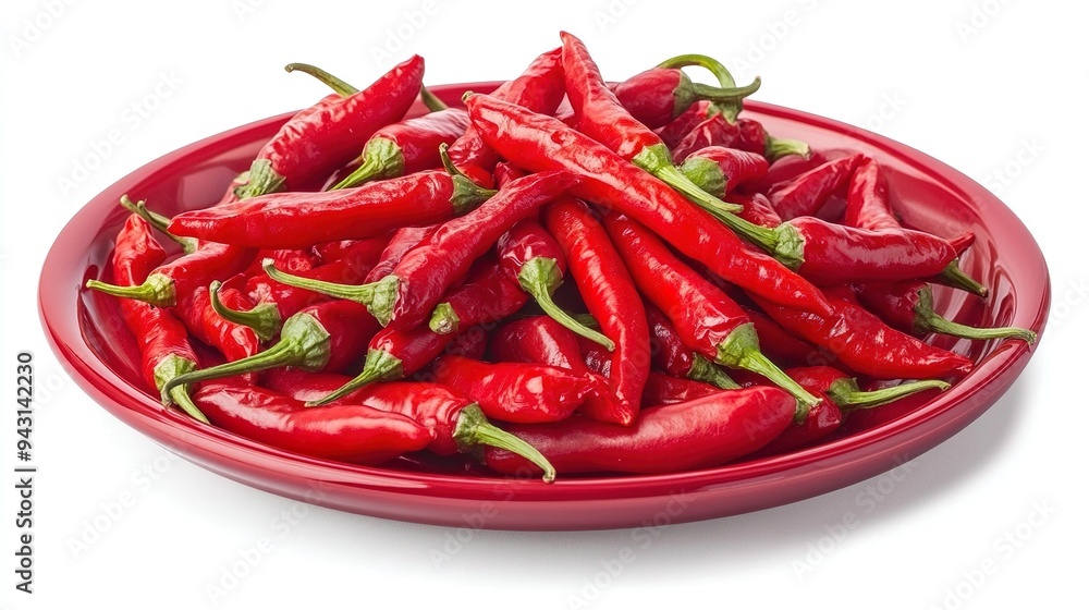 Red Chili Peppers Piled on Red Plate Against White Background