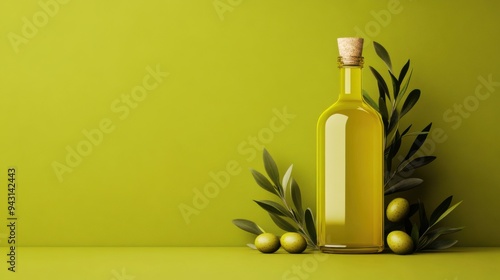 Bottle of olive oil placed on a green background with several olives and olive branches. Perfect for culinary and health-related designs.