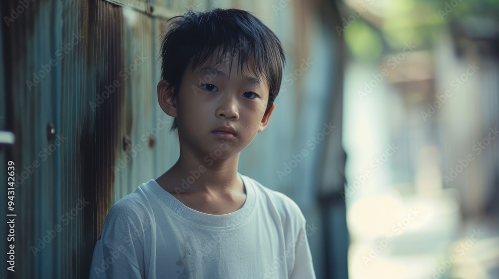 A young boy with a solemn expression stands against a rusty metal wall in an alley, suggesting a moment of deep thought or introspection. A young boy with a solemn expression stands against a rusty metal wall in an alley, suggesting a moment of deep thought or introspection.