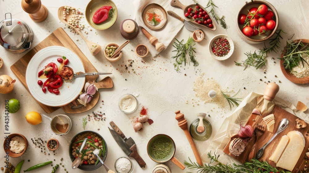 An artistic, top-down arrangement of various fresh and vibrant ingredients and cooking utensils, ready for culinary creation. An artistic, top-down arrangement of various fresh and vibrant ingredients and cooking utensils, ready for culinary creation.