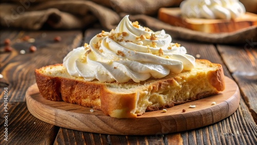 photo image of a warm slice of toasted bread spread with a generous amount of creamy cheese and topped with a dollop of whipped cream