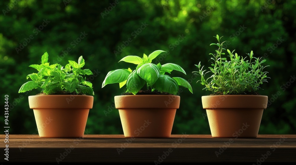 Three potted herbs in clay pots on a wooden table against a green garden background. Perfect for gardening and nature themes. Three potted herbs in clay pots on a wooden table against a green garden background. Perfect for gardening and nature themes.