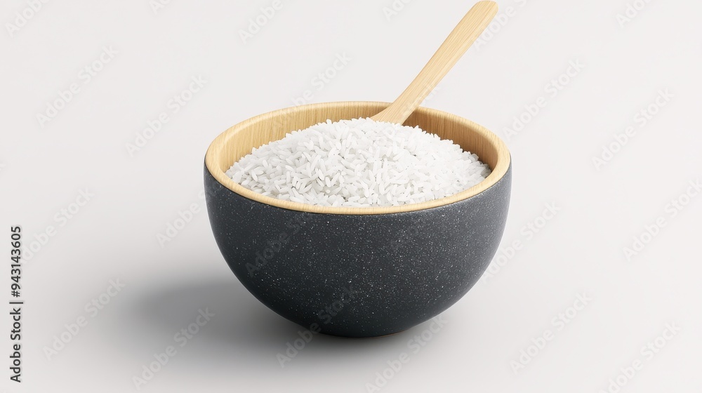 A black bowl filled with white granulated salt and a wooden spoon, placed on a white background. A black bowl filled with white granulated salt and a wooden spoon, placed on a white background.