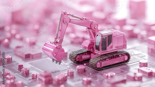 A vibrant pink excavator toy on a colorful surface, symbolizing construction and creativity in playful design. photo