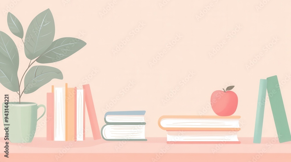 Books on shelves with teacup illustrations Books on shelves with teacup illustrations