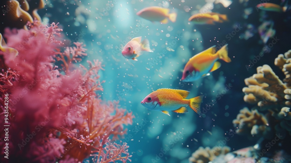 Naklejka premium Colorful fish swim amidst vibrant coral in a beautifully illuminated underwater scene, showcasing marine life in its natural habitat.