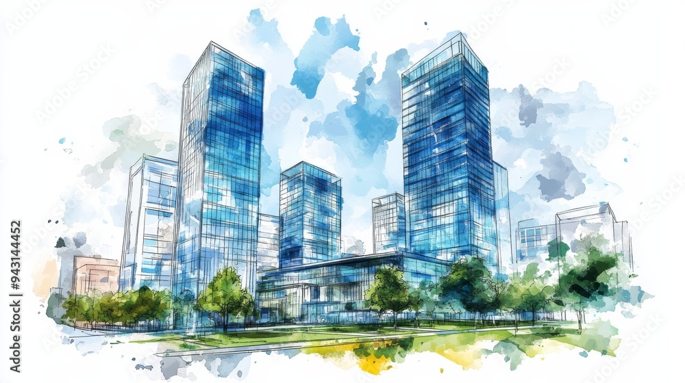 Obraz premium Watercolor drawing of modern buildings in the city center, a business and office complex with a green park nearby, on a white background.