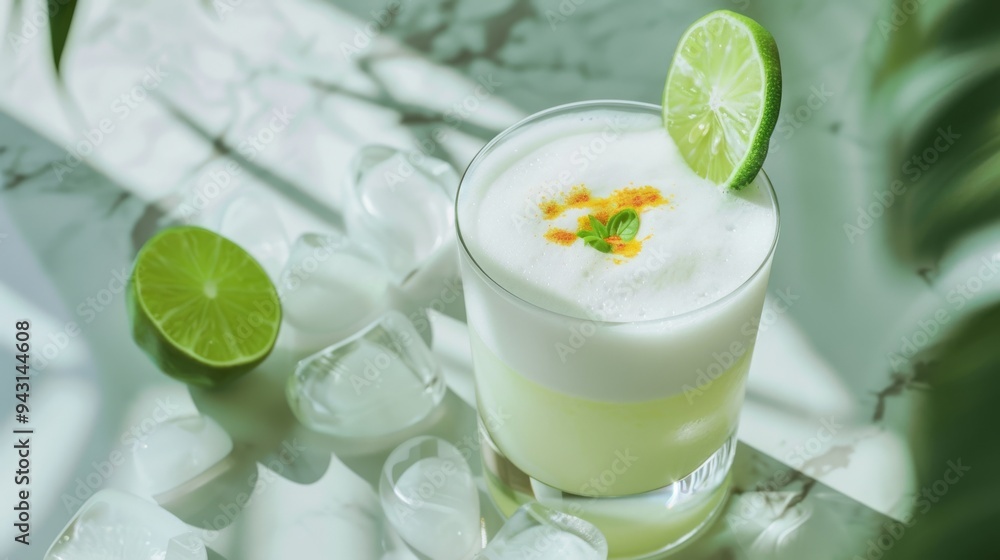 A glass of lime and mint garnished cocktail sits amidst ice cubes and fresh lime slices, bathed in sunlight showcasing a refreshing drink. A glass of lime and mint garnished cocktail sits amidst ice cubes and fresh lime slices, bathed in sunlight showcasing a refreshing drink.