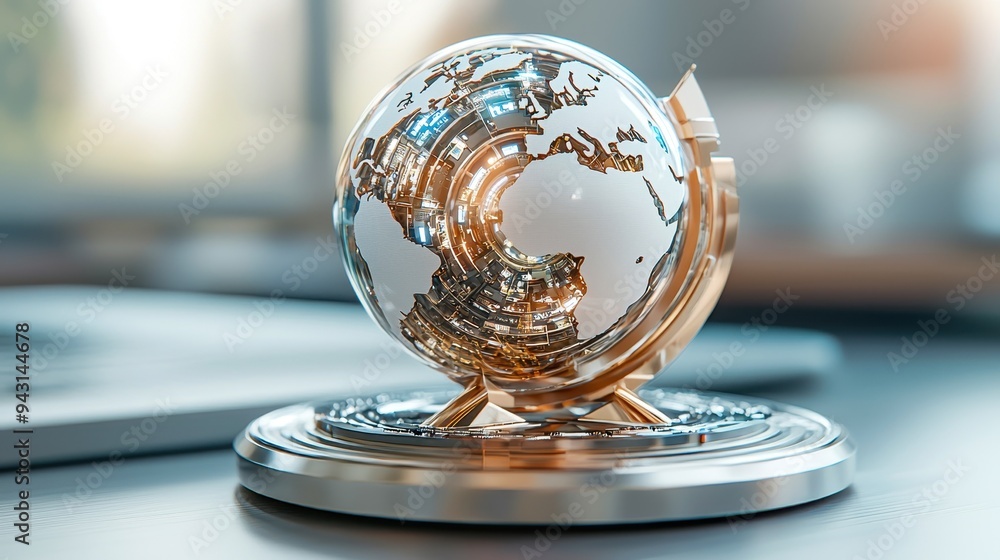 A beautifully crafted globe design, symbolizing global business and connectivity, set against a modern workspace background. A beautifully crafted globe design, symbolizing global business and connectivity, set against a modern workspace background.