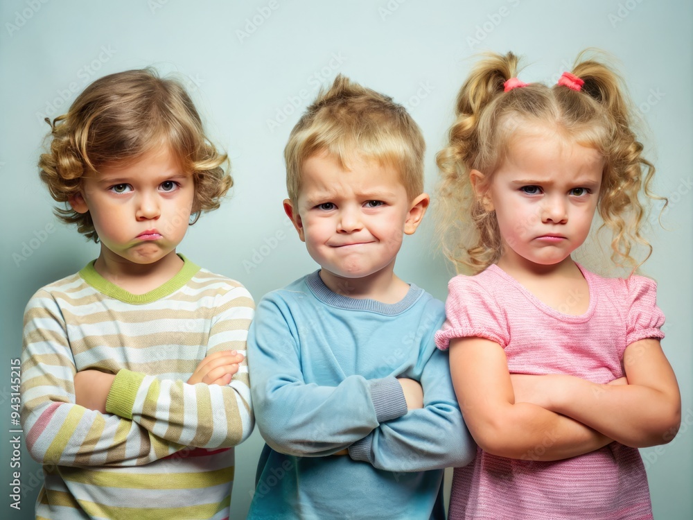 Adorably irritable children with scrunched up faces, crossed arms, and slumped postures, displaying relatable tantrum tantrums and adorable expressions of discontent. Adorably irritable children with scrunched up faces, crossed arms, and slumped postures, displaying relatable tantrum tantrums and adorable expressions of discontent.