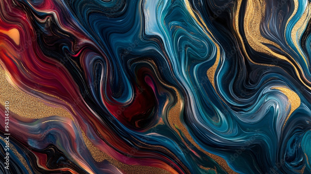 Obraz premium 4k wallpaper with a liquify effect, resembling marble with intricate swirls of black, gold, red, and teal hues