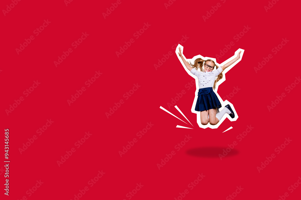 Composite photo collage of happy blonde schoolgirl jump autumn fall education season knowledge learner isolated on painted background Composite photo collage of happy blonde schoolgirl jump autumn fall education season knowledge learner isolated on painted background