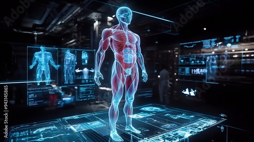 19. **Design a hologram of a human body with dynamic, rotating views to showcase different anatomical perspectives. The hologram should include animated transitions to demonstrate various angles and #943145865