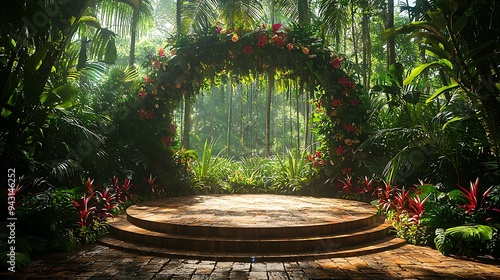 A stone platform in a tropical jungle is framed by a floral archway, an enchanting setting for any special occasion.